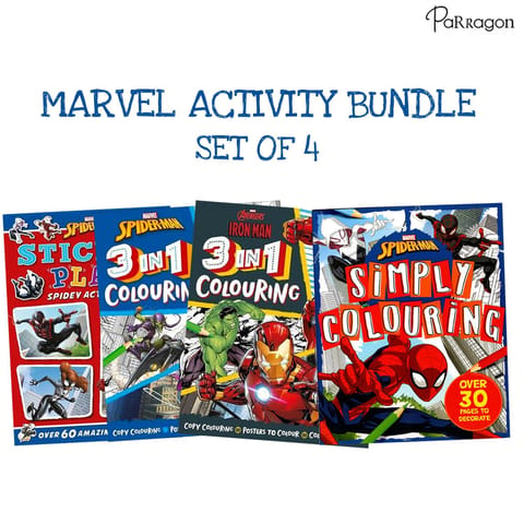Marvel Activity Bundle Set of 4 books of Iron Man Spider Man 3 in 1 Colouring Sticker Play Paperback Parragon